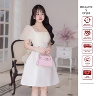 High-end designer dress in cream color with square neck and luxurious mesh sleeves [Real photo] The 