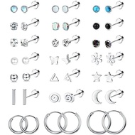 LOLIAS 21Pairs Surgical Steel Flat Back Earrings Hypoallergenic 20G Screw Back Nap Stack Cartilage E