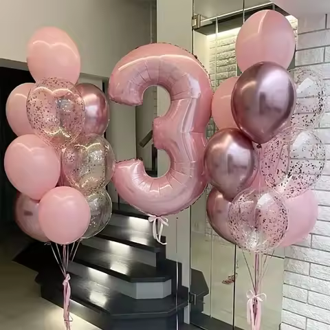 21pcs Pink 40inch Number Foil Latex Balloons Happy Birthday Party Decorations Kids Girl Baby 1 2 3 4
