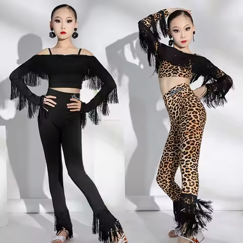 Black Leopard Latin Dance Competition Clothes For Girls Latin Fringed Sleeves Top Pants Kids Chacha 