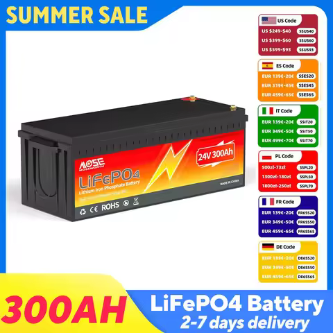 MOSEWORTH 24V 300AH LiFePO4 Battery 7680Wh Rechargeable Lithium Battery with 200A BMS 15000+ Cycles 