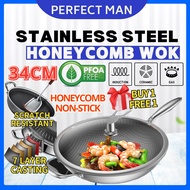 PM - Stainless Steel 316 wok Non Stick Wok/Frying Pan with Lid Double Sided Honeycomb Less Oil/Smoke (34CM)