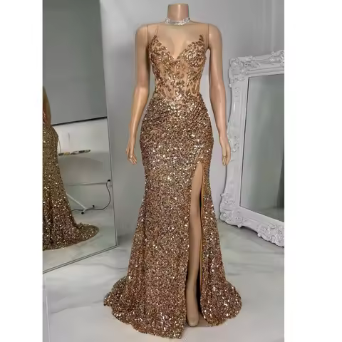Gold Sequined Evening Dresses with Slit Mermaid vestidos de noche Spaghetti Straps Prom Dress Custom