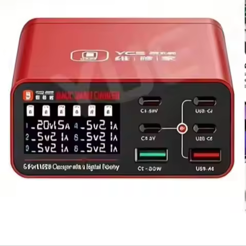 YCS 300 6-in-1 PD+QC Smart Charger 6-Port USB Charging Station with Digital Display for Mobile Phone