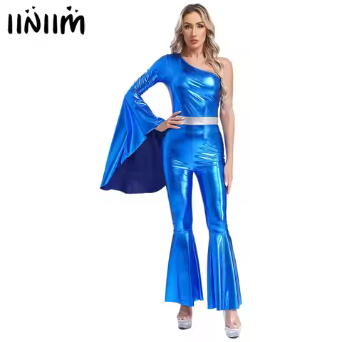 Womens 60 70s Disco Jazz Dance Costume Hippie Outfits Single Vintage Bodysuit Flared Bell Shiny Meta