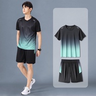 Men Summer Shorts+ice Silk T-shirt Sports Fitness Wear Quick Drying Fabric Short Sleeve Clothing Kor