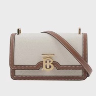 BURBERRY TB Logo 帆布及牛皮迷你斜背包 (自然色/麥芽棕色)