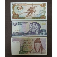 NORTH KOREA 10, 50 WON & SOUTH KOREA 1000 WON BANKNOTES.