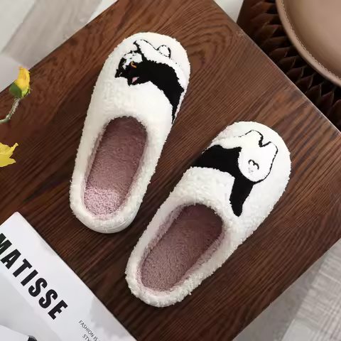 Funny Egg Cat Embroidery Cotton Slippers Winter Warm Fuzzy Slippers Pet Cow Cat Shoes For Men Women