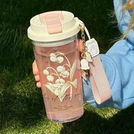 600ml Lily Of The Valley Print Water Cup Portable Large Capacity Plastic Drinking Cup For W0i4