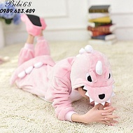 Bộ Đồ thú khủng long hồng liền thân lông mịn Pijama dành Cho Người Lớn và Trẻ Em kiểu dáng Động Vật 
