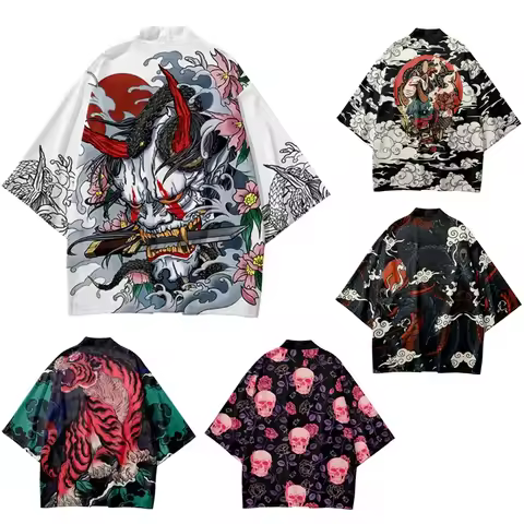 Summer Demon Tiger Print Cardigan Men's Chinese Dragon Skeleton Pattern Japanese Kimono Asian Tradit