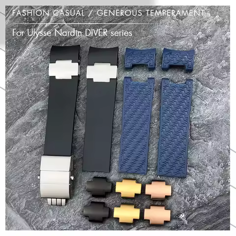 22mm Curved End Rubber Watchband Fit for Ulysse Nardin 263 DIVER strap Black Blue Wave Silicone Wate