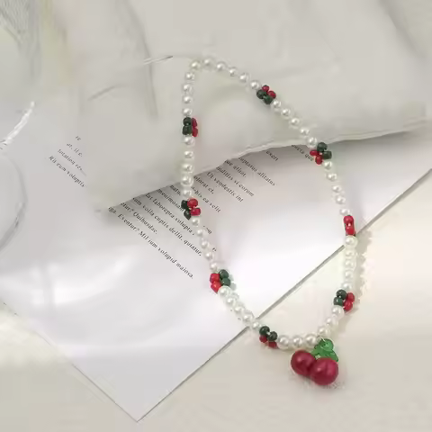 Sweet Cherry Faux Pearl Phone Charm, Fresh Red Green Beaded Pendant, Kawaii Anti-lost Strap for Phon