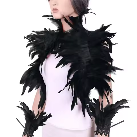 1 Set Fake Collar With Wrist Ring Gothic Style Feather Shawl Imitation Feather Unisex Model Hallowee