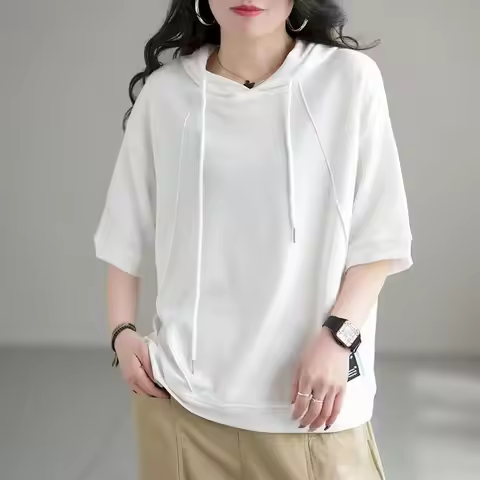 Oversized T Shirt Women Summer Hooded Half Sleeve T-shirt Korean Style Loose Tops 98% Cotton Fashion
