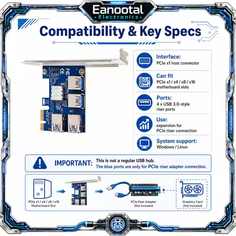 PCI-E 1 to 4 Port USB 3.0 Adapter Card PCIe X1 Riser Expansion Converter for GPU Mining Rig Desktop 