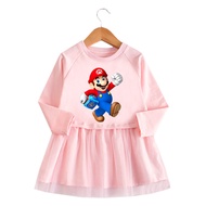Super Mario Baby Girls Long Sleeve Tulle Dress Girls Dress Cartoon Long-sleeved Mesh Princess Dress Kids Clothing Spring Casual Party Birthday Mesh Swing Dress