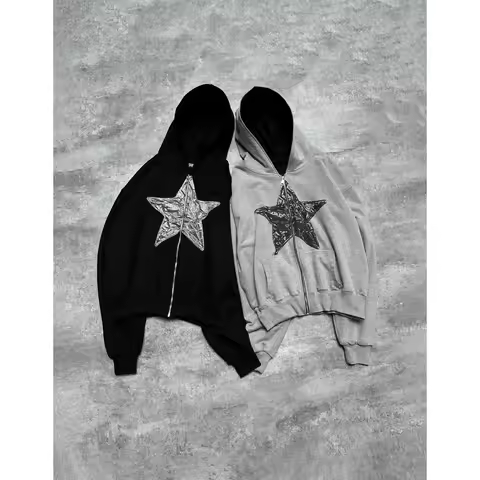 Harajuku Autumn Street Shape Visual Star Pattern Zipper Hoodie Trendy Hip-hop Rock Simple Sweatshirt