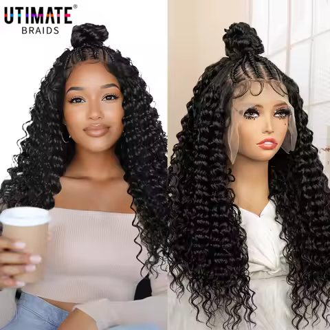13x6 Lace Frontal Synthetic Braided Wigs with Curls Bun Box Braids Wig Lightweight Handmade Braiding