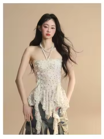 Women Summer Korean Style One Shoulder Slightly Transparent Halter T Shirt with Polka Dots Waist Cin