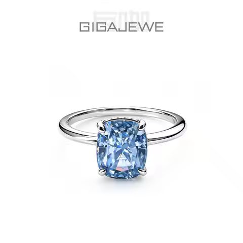 GIGAJEWE Blue Cushion Cut Ring 925 Sterling Silver Engagement Ring for Women 18K Gold Plated 11x9mm 