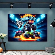 [High Rating]1pc Funny Monster Truck Birthday Banner - 70.9 Inch X 90.5 Inch, Made Of Polyester, No 