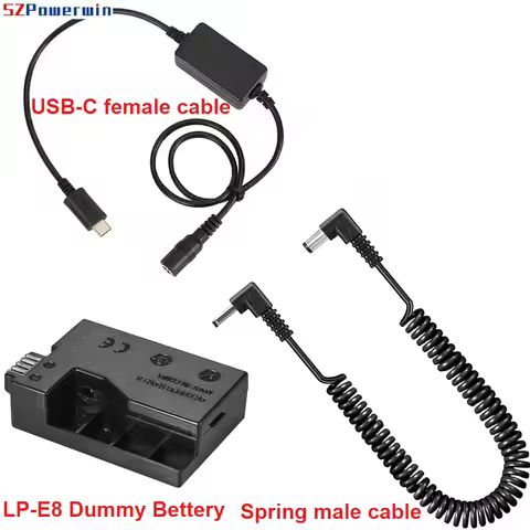 DR-E8 Dummy Battery with DC Power Bank USB USB-C Adapter Cable LP-E8 Replacement for Canon EOS 550D 
