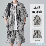 @@ TT Flagship Store M-8XL Boys Ink Painting Top Ice Silk Shirt Two-Piece Suit Large Size Casual Boy