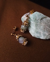 鋯石夾心天然石短耳環 - 樹紋瑪瑙