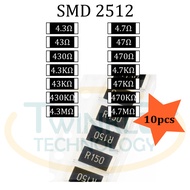 Resistor SMD 2512 4.3ohm,4.7ohm,43ohm,47ohm,4.3Kohm, 43Kohm,47Kohm,430Kohm,470Kohm 5% 10 pcs