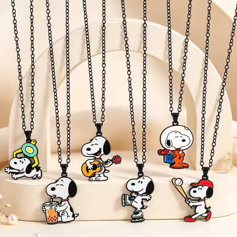 Snoopy & Woodstock Cartoon Pendant Necklace, Cute Enamel & Rhinestone Chain, Kawaii Jewelry for Teen