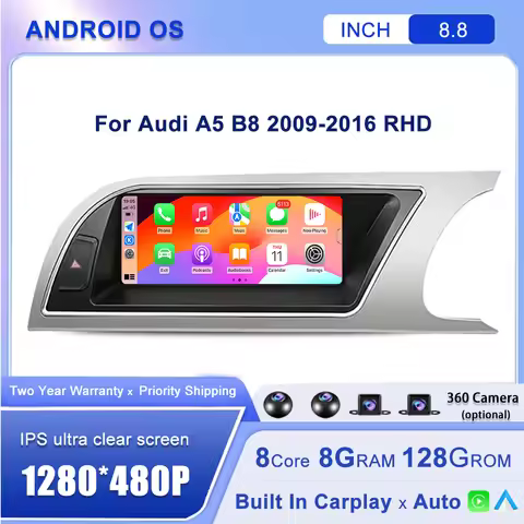 Android 15 8.8 Inch For Audi A5 B8 2009-2016 RHD Radio 1280*480P Car Multimedia Player BT Carplay Au
