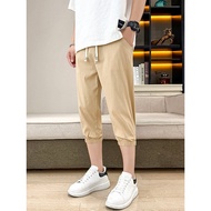 Seersucker Cropped Pants Men Summer Thin Sports Shorts Loose Casual Leg Pants Cotton Linen 7 Eight P