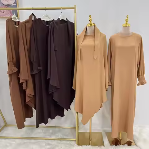 Muslim Women Prayer Outfit Ramadan Eid Hijab Dress Dubai Turkey Abaya with Long Headscarf Khimar Set