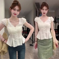 w631 New French Lace V-Neck Short-Sleeved Shirt For Women From akifoon.store Comes With A Bow Tie De