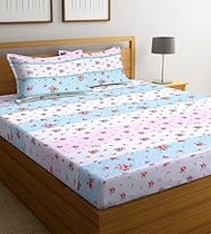 KAWI Cotton Feel 200TC Double Bedsheet Queen Size 78x60 Inches with Elastic Fitting with 2 Pillow Co