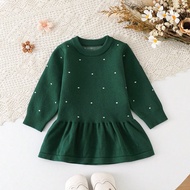 Baby Girls Cute Casual Red Polka Dot Knitted Sweater Dress, Soft & Comfortable, Suitable For Daily W
