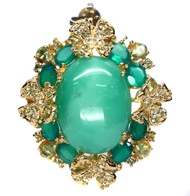 เข็มกลัดพลอยแท้ คริสโซเพลส(Chrysoprase) 16 x 21 mm. ล้อม โมรา เพอริดอท เงินแท้ 925 ชุบทอง18k