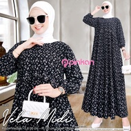 midi dress motif vania midi bahan rayon terbaru adem tebal halus nyaman gamis muslim jumbo modern te