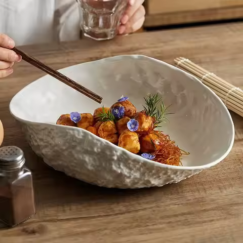 Rock Patterned Shell High-end Plates Household Ceramics 2024 New Light Luxury Large Steamed Fish Sou