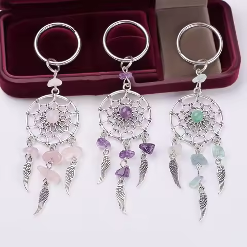 3 Pcs Natural Crystal Gravel Dream Catcher Keychain DreamCatcher Leaves Colorful Trendy Keyring Fash