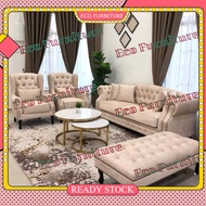 Sofa Baldu Berkusyen Tebal Berlilit Butang Sofa Set 3 Seater + 1 Seater + 1 Seater + 1 Stool