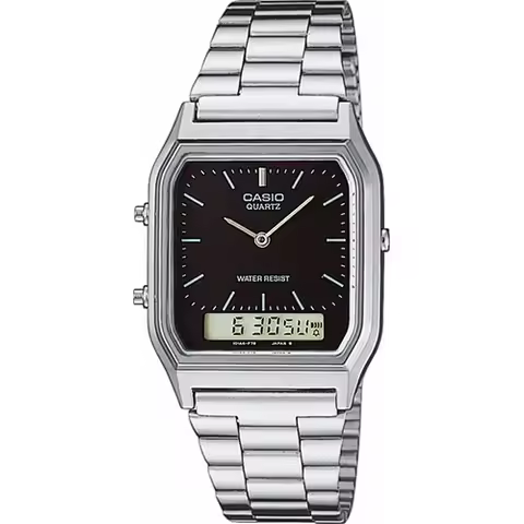 Casio AQ-230A-1DMQYES Vintage Digital Watch with stainless steel band, adjustable closure, and 12/24