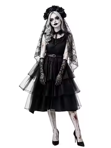 Halloween Zombie Costume Black Lace Ghost Bride Dress Scary Gothic Corpse Bride Outfit for Carnival 