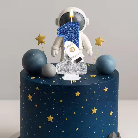 Spaceship Astronaut 0-9 Universe Sparkler Candle for Birthday Cake Boy, Topper for Party Decorations