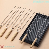 ANEMONE Barbecue Skewer Outdoor Safety Double Prong Forks U-Shaped Wooden Handle Roast BBQ Stick