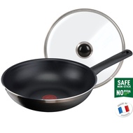 Tefal Bistro Titanium Nonstick Wok Pan (28cm) with Glass Lid Dishwasher Oven Safe No PFOA THERMO-SIGNAL Heat Indicator Brown