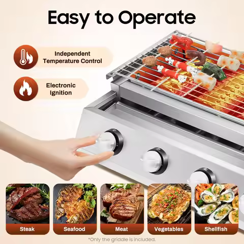 4-Burner Gas Griddle, Reduce Oil Fumes for Healthy BBQ! Adjustable Grille Height , Energy Saving and