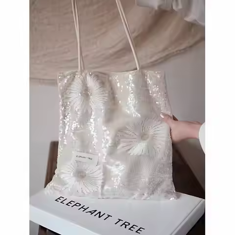 Fashion White Daisy Sequin Tote Bag for Women, Casual Canvas Summer Shoulder Bag Everyday Purse for 